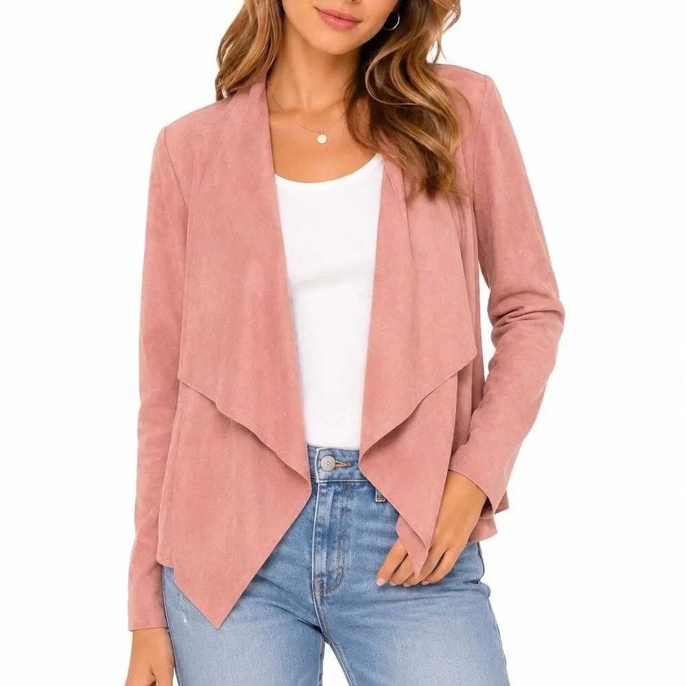 Kut from the Kloth Drape Front Jacket Womens Large Pink Faux Suede Waterfall